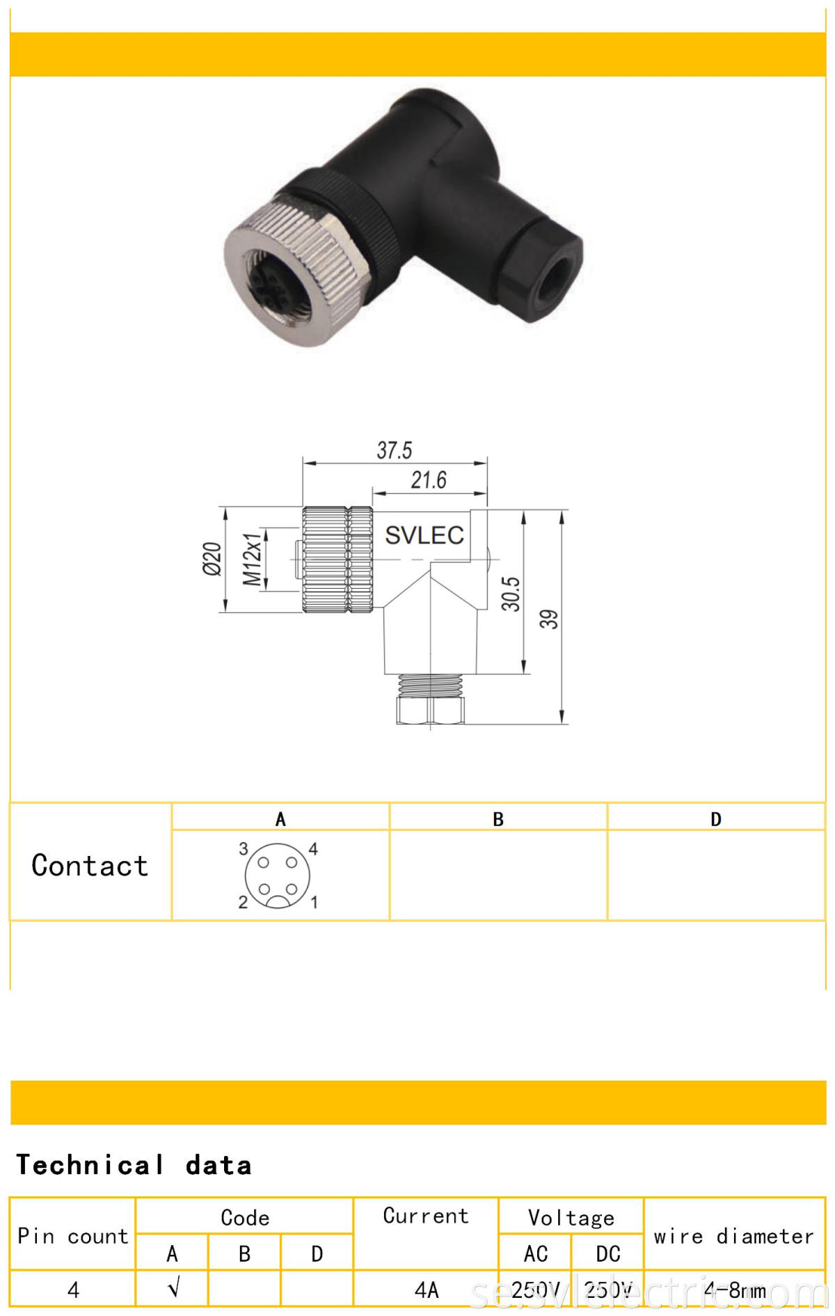 M12 female angle connector specifications